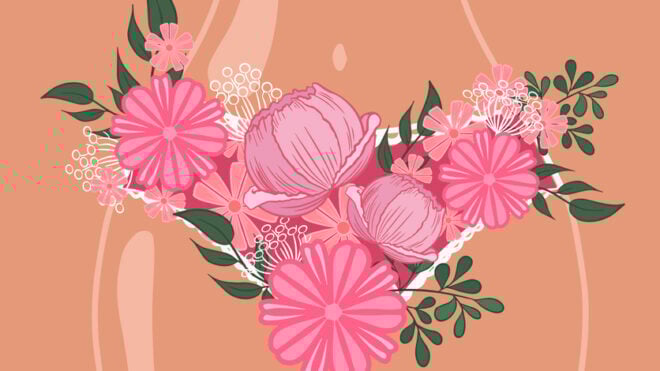 Part of a female body in panties made of flowers. The concept of women's health, beauty, femininity. vector illustration