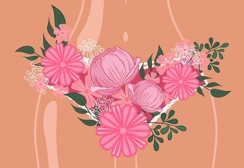 Part of a female body in panties made of flowers. The concept of women's health, beauty, femininity. vector illustration