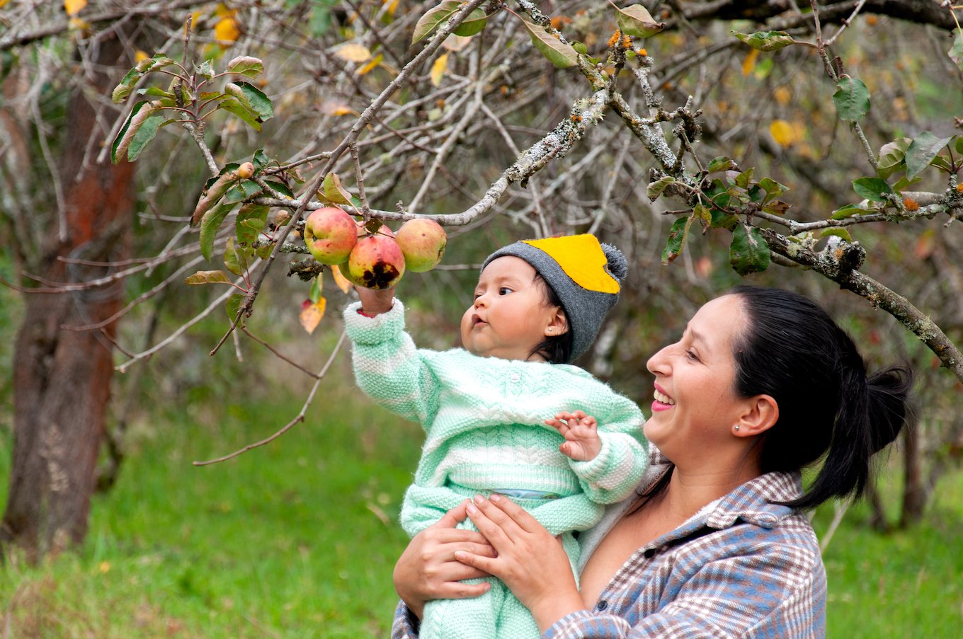 Mom and baby picking apples